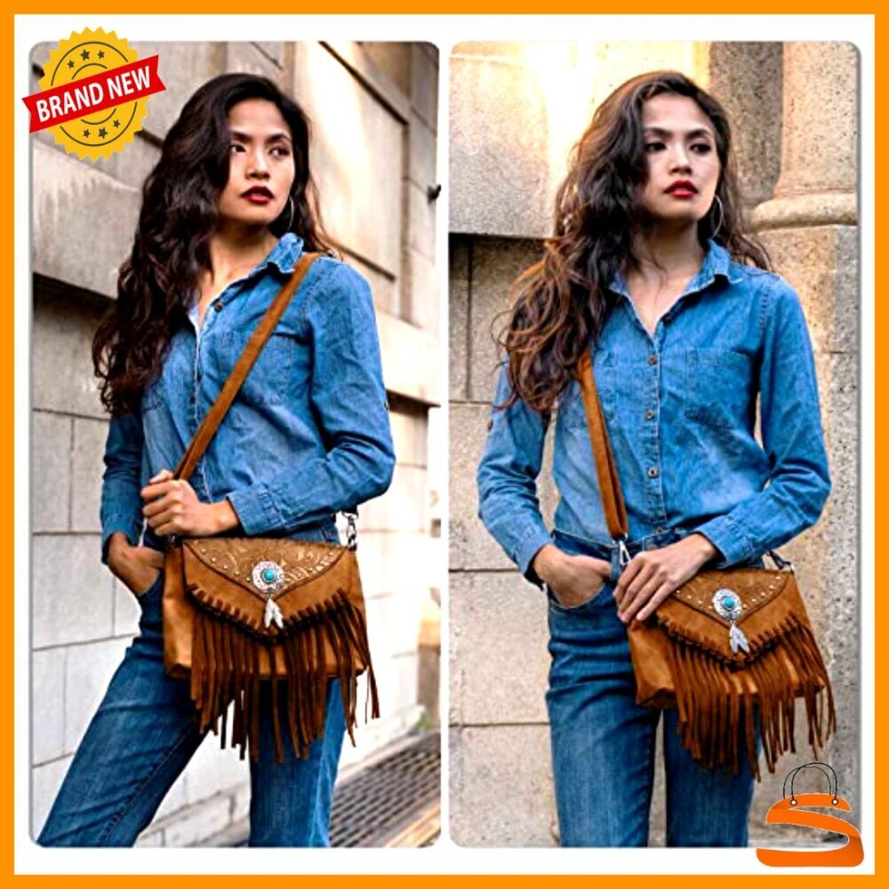 Faux Leather Crossbody Bag with Fringe Tassel Adjustable Strap Wristlet - Picture 2 of 7